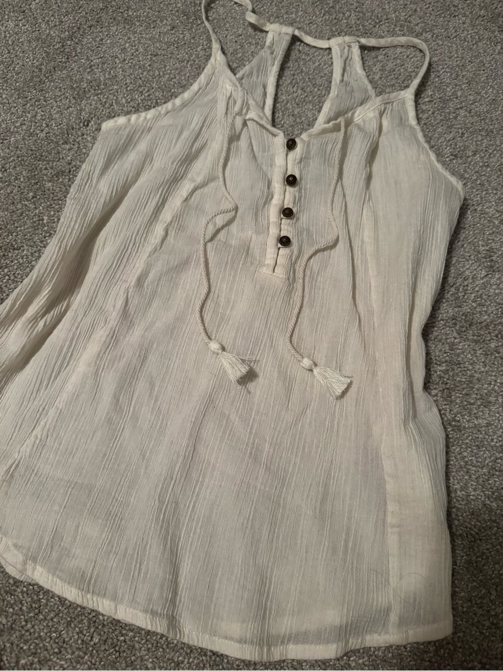 Roxy Cream Button-Front Crinkle Tank with Tassel Ties